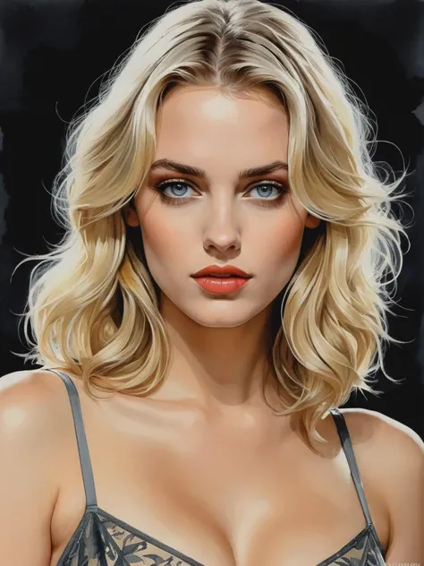 by LOUI JOVER, Watercolor style painting, visible paper texture, colorwash, watercolor art, of a busty young woman by Alfred Kelsner and Aron Wiesenfeld and Howard Chandler Christy, stunningly beauty, blonde, bold lines, hyper detailed, dark limited palett...