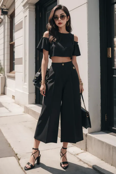 a portrait  of  beautiful Wide-leg culottes, crop top, mules, crossbody bag, cuff bracelet