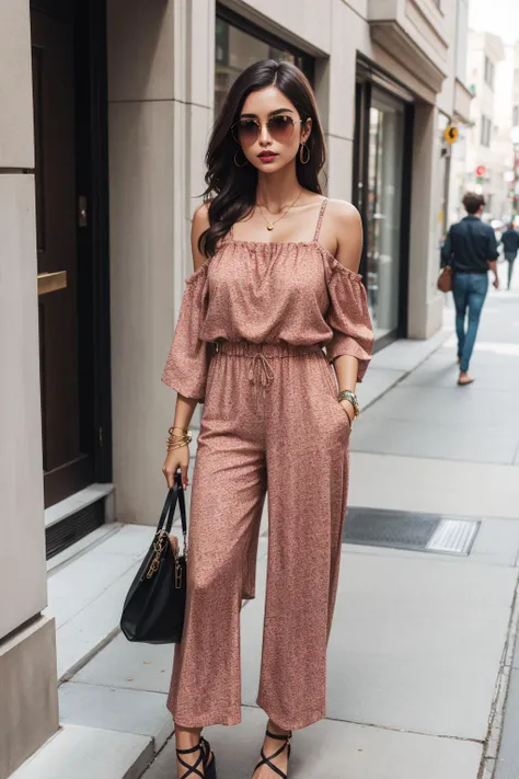 a portrait  of  beautiful Cropped jumpsuit, wedge sandals, shoulder bag, cuff bracelet, sunglasses