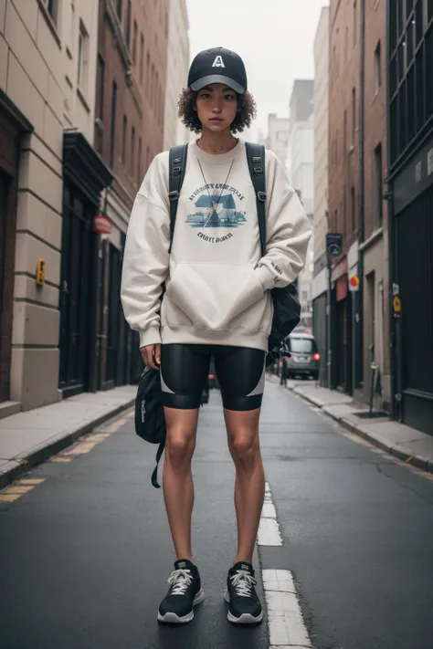 a portrait  of  beautiful Bike shorts, oversized sweatshirt, chunky sneakers, dad hat, backpack