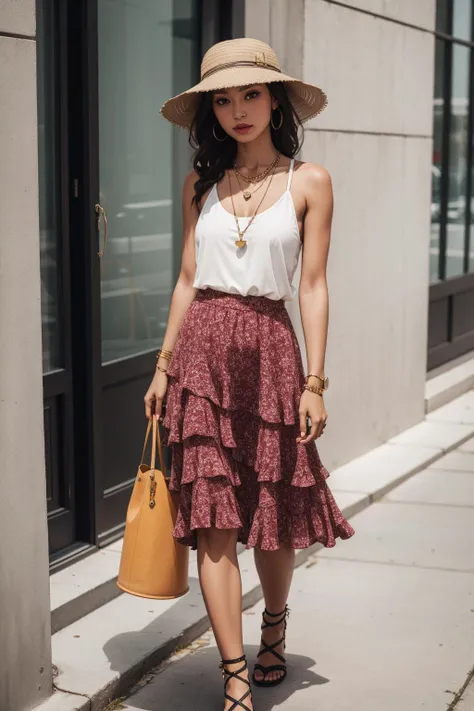 a portrait  of  beautiful Midi skirt, tank top, strappy sandals, bucket hat, layered necklace