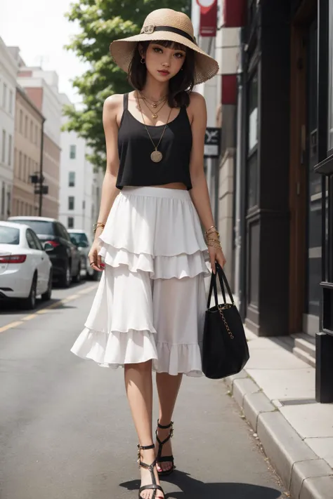 a portrait  of  beautiful Midi skirt, tank top, strappy sandals, bucket hat, layered necklace