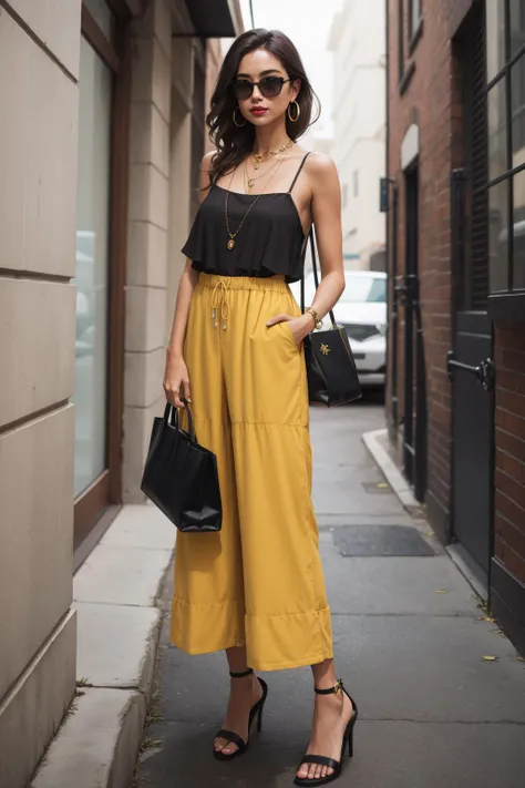 a portrait  of  beautiful Wide-leg jumpsuit, ankle strap heels, woven tote, hoop earrings, layered necklace