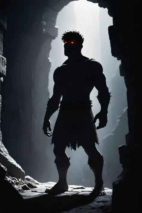 silhouette art of a Movie concept art, Cyclops, the Cyclops is very Stunning and Pretty, fairy tale, background is Broken dungeon, at Midday, Sharp and in focus, Realistic, Confused, Impressionism, Black lighting, adobe lightroom