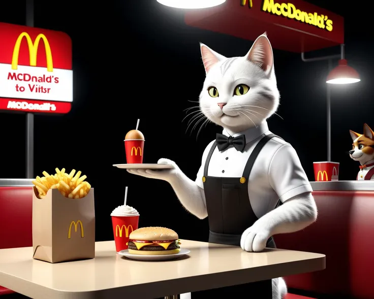 professional 3d model of antropomorphic  cat as a waiter at McDonalds standing at a table taking an order from a hungry dog visitor, very funny, funny shot , octane render, highly detailed, volumetric, dramatic lighting