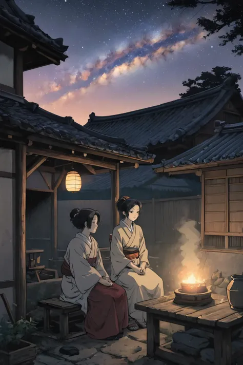 (comics art by Ian Spriggs:1.3) and (Philippe Buchet:0.7) , Dusty traditional Edo Period Milky Way, at Twilight, Screen print, Cosy, Lowbrow Art, Zoom lens, Cinestill, pixiv, RTX