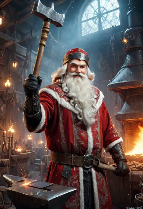 Russian red DedMoroz solo,long white beard, 1boy, elderly, looking at viewer, sadistic smile, as blacksmith
, 1boy solo looking at viewer, (masterpiece), (best quality:1.2), intricate details, (highly detailed skin:1.2),
intricate details, 8k post producti...