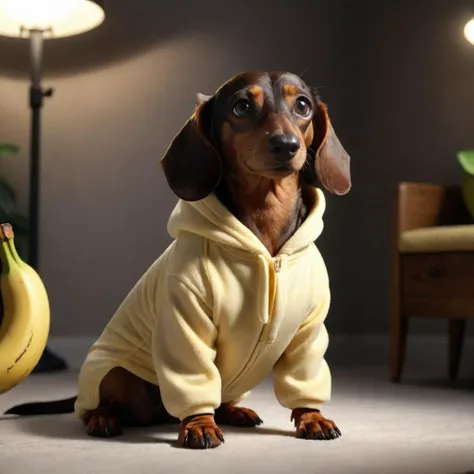 (brown dachshund dog wearing a banana onesie costume), (4k, 8k, cinematic, spotlight lighting, extreme detail, ultra quality, HD, high definition, HDR, high dynamic range, octane render, Masterpiece, best quality, colorful, 8k wallpaper, Volumetric Lightin...