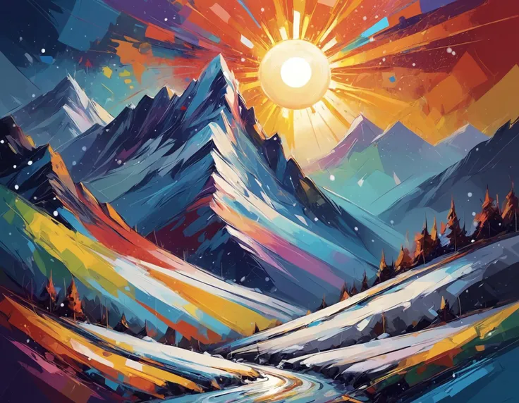 abstract art of a mountain landscape very colorful and epic its snowing and the sun is going down