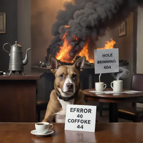 Epic  photo of a   dog wearing a cylinder  he sitting at a table the hole room is burning thick smoke  he drinking coffee he holds a sign "error 404"