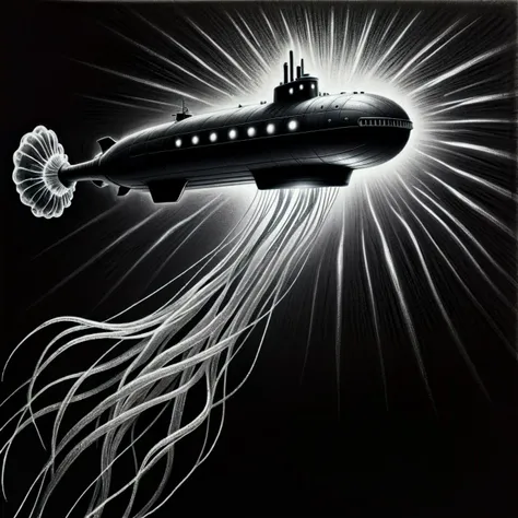 monochrome greyscale noise grainy dirty charcoal drawing of <lora:CharcoalDarkStyleXL:1>CharcoalDarkStyle a futuristic submarine maneuvering through a sea of massive glowing jellyfish dark black background black vignette