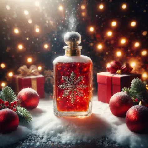 a close up of a bottle of perfume with christmas decorations