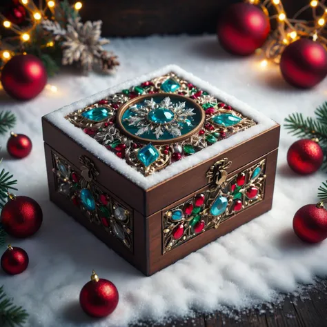 a close up of a box with ornaments on a snow covered surface