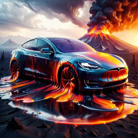 a tesla model s is shown with a volcano in the background