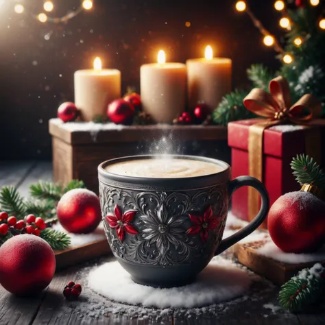 a cup of coffee with a candle and christmas decorations