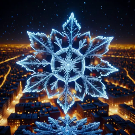 a close up of a snowflake on a city street at night