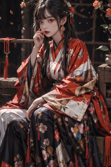 a woman in a kimono sitting on a bench with flowers