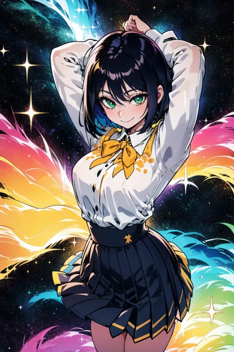 <lora:cheddarcheems-000002:0.9>,  cheddarcheems, black hair, green eyes, short hair, bob cut, arms up, excited, sparkling eyes, sparkle, light particles, volumetric lighting, smile, long sleeves, pleated skirt, from above, arms behind head