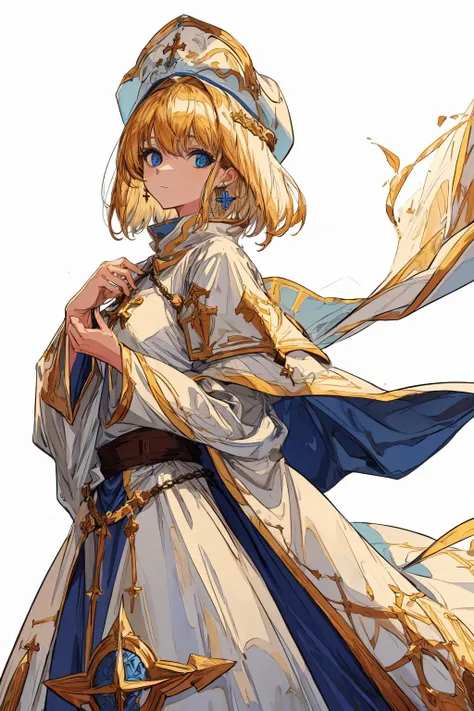 <lora:Fantasy_Classes_SD:0.8>,
fantasy class,Saint,
ligne claire,flat color,
1girl,holy,
golden hair,medium hair,floating hair,
blue eyes,
blue earrings,
white saint dress,long heavy dress,
(saint holy hat:0.8),
cowboy shot,looking_at_viewer,
(white backgr...