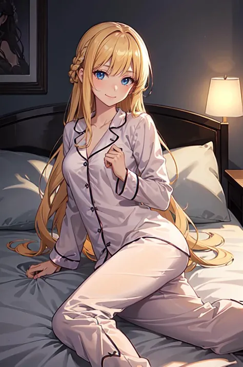 <lora:soine:0.5> soine, bed, pillow, lying, on side, (pajamas:1.2),, ultra detailed, masterpiece, best quality, aesthetic, detailed,, solo, soft smile, light smile,
1girl, blue eyes, very long hair, blonde hair, long blonde hair, french braid, bangs, mediu...