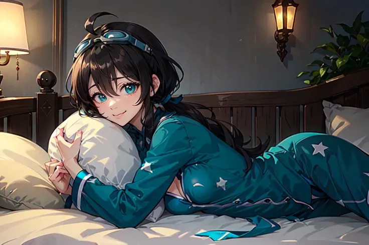 <lora:soine:0.5> soine, bed, pillow, lying, on side, (teal pajamas:1.2), from side,, ultra detailed, masterpiece, best quality, aesthetic, detailed,, solo, smile, 1girl, aqua eyes, black hair, <lora:low_ponytail-1.0:1> low ponytail, ahoge, absurdly long ha...