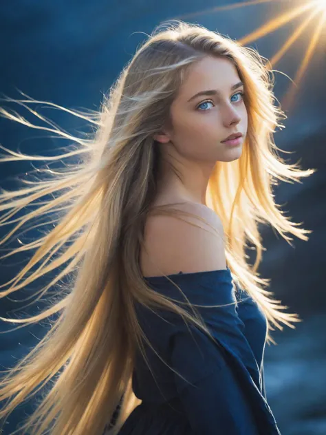 beautiful woman, 18 year old, long hair, dark blue eyes, flowing hair, blonde hair, windswept hair, rear shot, over the shoulder, portrait, yellow navy blue theme, very slim, backlit, mist, god rays, lense flares, masterpiece, best quality, atmospheric, go...