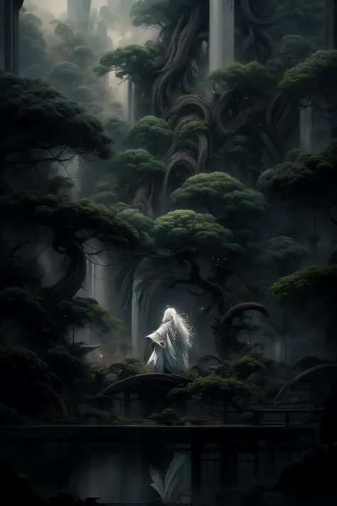 an painting in a style of oriental painting, in the style of matte painting, layered and atmospheric landscapes, rich and immersive, quiet contemplation, dark white and green, history painting, zen-inspired, grandeur of scale, highly detailed, dynamic, cin...