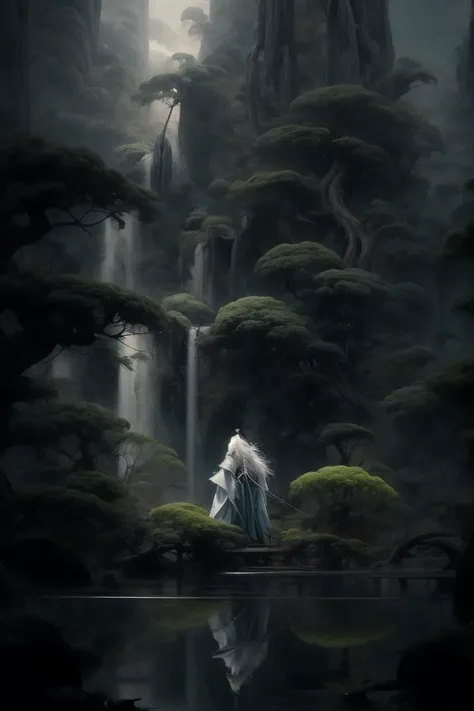 an painting in a style of oriental painting, in the style of matte painting, layered and atmospheric landscapes, rich and immersive, quiet contemplation, dark white and green, history painting, zen-inspired, grandeur of scale, highly detailed, dynamic, cin...