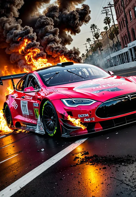 dynamic angle, masterpiece, award winning picture, Tesla DTM race car, Crashing, accident, fire, futuristic background, hyper detailed, intricate,  neon poster, epic, ultra detail, intricate details, UHD