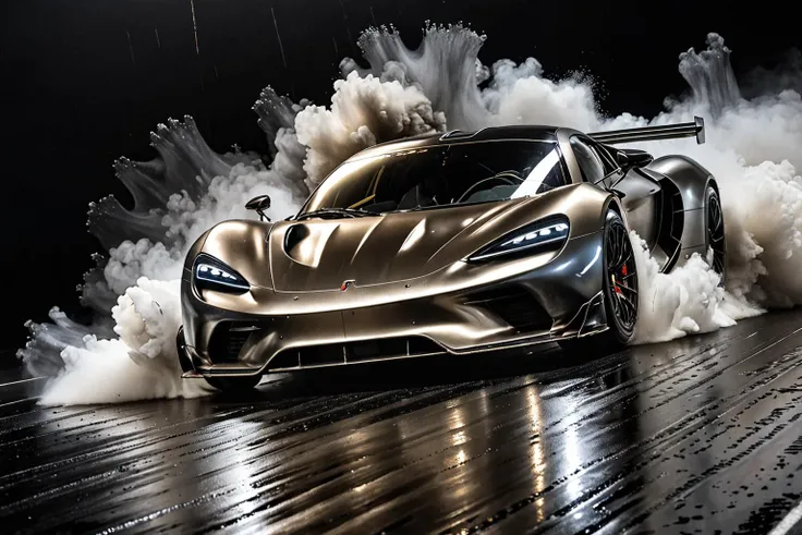 Popular Hyper car racing through LIQUID METAL, liquid metal sprays up from the cars tyres, Car drifting in a black void <lora:Add_UHD_Details_&_Text_v1:0.85>