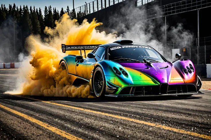 a colorful car is driving on a track with smoke coming out of it