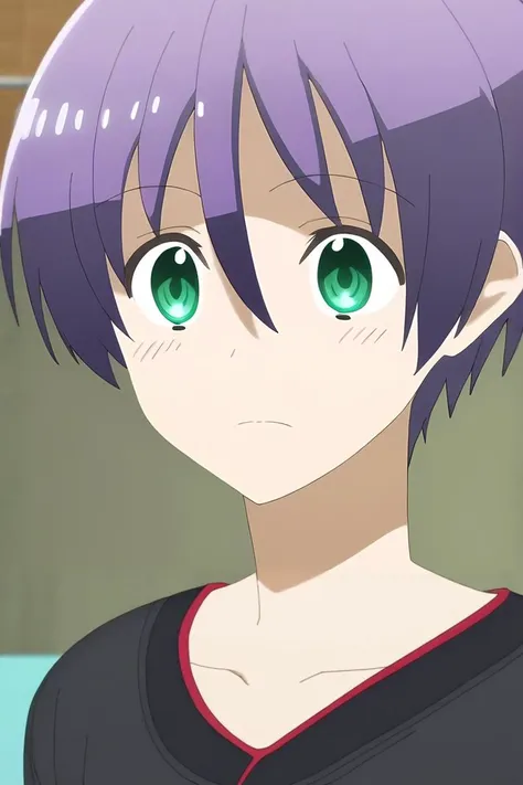 anime boy with purple hair and green eyes staring at something