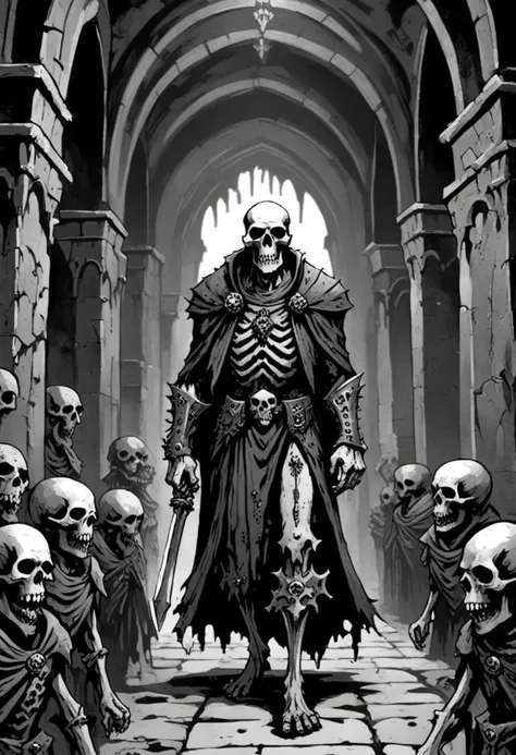 undead king walk alone, rich dress, crypt, skulls , ruin, dungeon, classic D&D style, B/W, best quality:1.2) (sharp focus:1.1), higly detailed, , character sheet