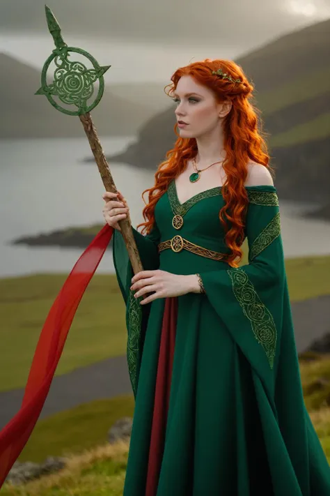 outdoor Scottish highlands, vivid sunset hues, fantasy setting. A striking redhead woman, (distinctly Scottish), wearing an elaborate elven inspired gown is a fusion of deep emerald green and earthy browns, with intricate Celtic knotwork embroidery in gold...