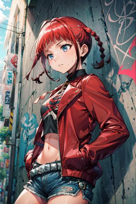 masterpiece,best quality,1girl,asukagawa chise,twin braids,short hair,crop top,(jacket,open jacket),denim shorts,expressionless,hands in pockets,looking to the side,sweatdrop,against wall,graffiti,dutch angle,<lora:Concept-control tool-add_detail-CyberAIch...