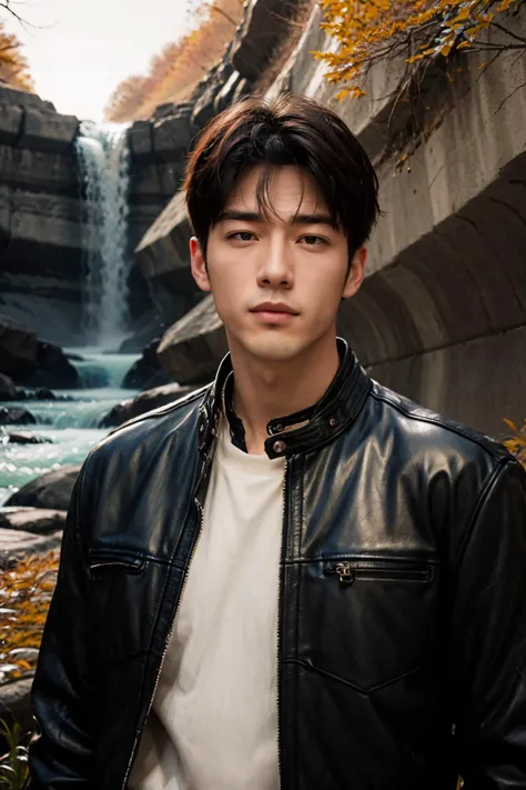 arafed man in a black leather jacket standing in front of a waterfall