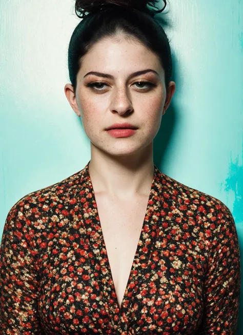 a close up of a woman with a messy bun on her head