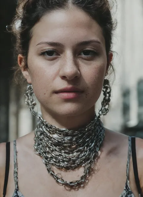 a close up of a woman with a chain necklace on her neck