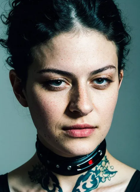 a close up of a woman with a tattoo on her neck