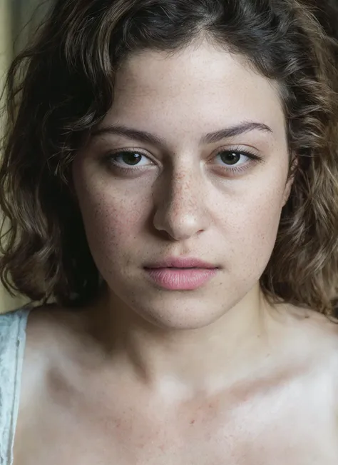 a close up of a woman with a frecky top on