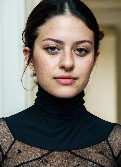 a close up of a woman with a black top and a black shirt