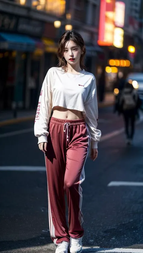 a woman walking down the street in a white top and maroon pants