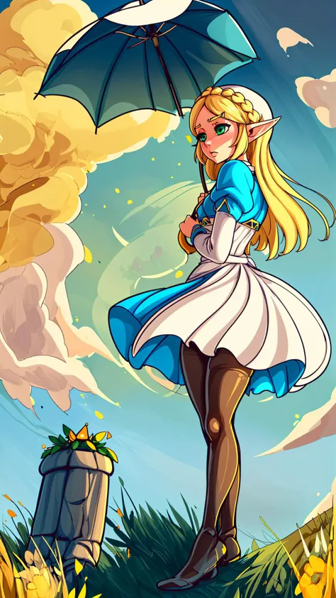 <lora:woman_with_a_parasol_parody:0.8> woman with a parasol holding umbrella, white dress, sundress, sun hat, distant,   <lora:Zelda:0.8> zelda, blonde hair, green eyes, long hair, pointy ears, crown braid, pantyhose, miniskirt,