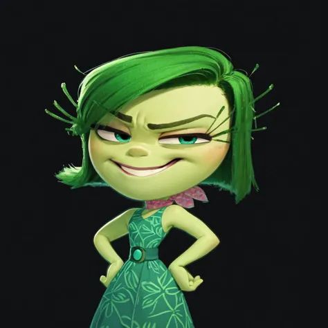 a close up of a cartoon character with green hair