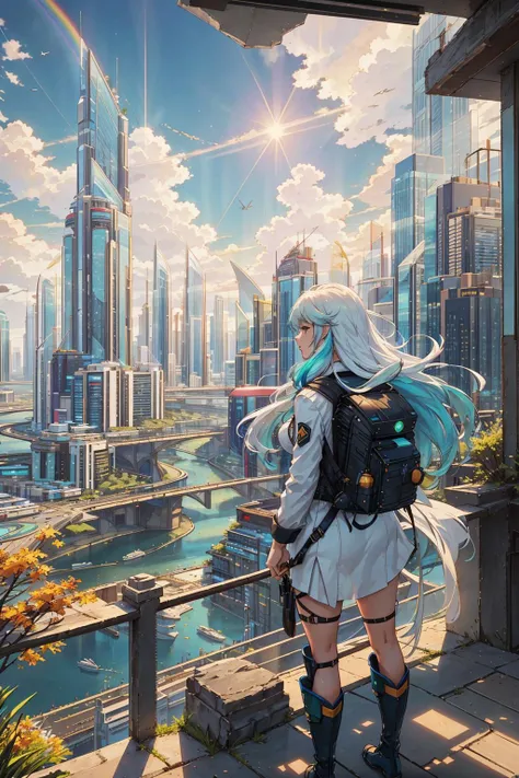 <lora:FuturusticScapes-v2:1>, cityscape, city, cloud, scenery, skyscraper, building, cloudy sky, sky, long hair, from behind, outdoors, bird, ruins, 1girl, sunlight, tower, facing away, city lights, green hair, water, sunbeam, light rays, bridge, post-apoc...
