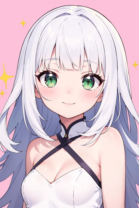 anime girl with white hair and green eyes in white dress