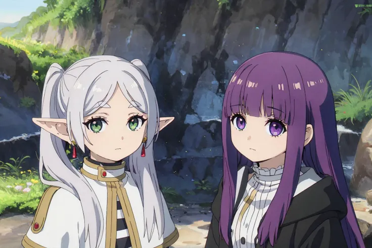 high resolution,looking at viewer,
BREAK
2girl, duo, 
Fern, very long hair, purple eyes, (purple pupils), white dress, black robe, large breasts, 
BREAK
Frieren, Silver-haired elf girl with twin tails ,green eyes,
BREAK
 <lora:friefen_EP01-04_LoHa32-step00...