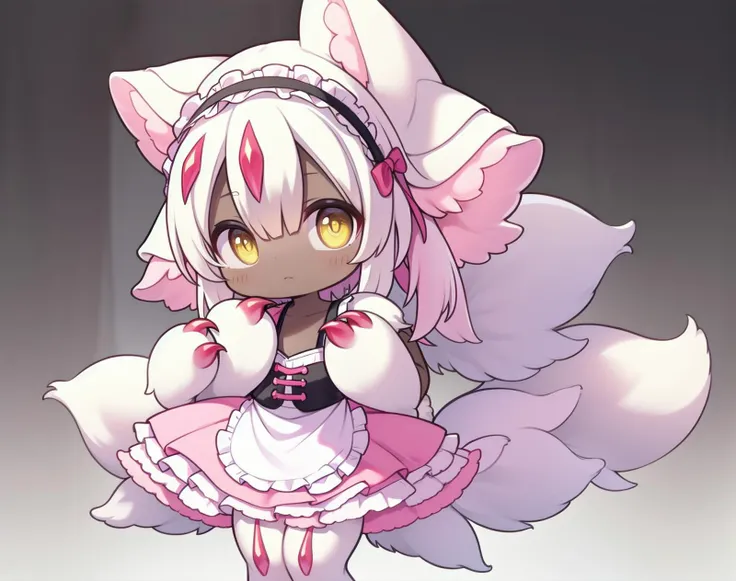 faputa looking at viewer, 4arms, curious expression, yellow eyes, ears down, white eyelashes, faputail, top arms out, fapuclaws, fapuhooves, bottom arms out, legs together, holding skirt, simple background, white background, dress, bow, closed mouth, stand...