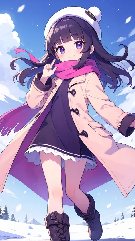 masterpiece, best quality, solo, petite
black hair, purple eyes, blunt bangs, wavy hair, winter clothes, pink scarf, coat, white tights, boots, hat, smile, flat chest
blue sky, wind, snow