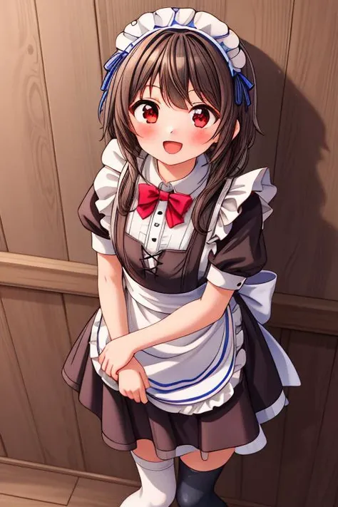 masterpiece,best quality,megumin,red eyes, courtesy pose,1girl,(petite),facing at viewer,looking up viewer,close up,blush,smile,:D, western style house,indoor,picture on wall,wood stair, apron, black dress, white thighhighs, puffy short sleeves, maid, maid...